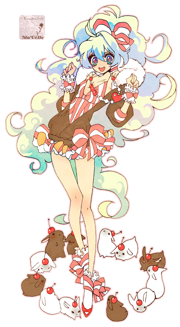 tsumi guilty, nia teppelin, guilty, tengen toppa gurren lagann, fur, bad id, bad pixiv id, 00s, 1girl, breasts, cherry, cleavage, dress, fashion, female focus, food, food-themed clothes, food as clothes, fruit, heart, jewelry, long hair, multicolored hair, necklace, rabbit, ribbon, small breasts, smile, socks, solo, very long hair