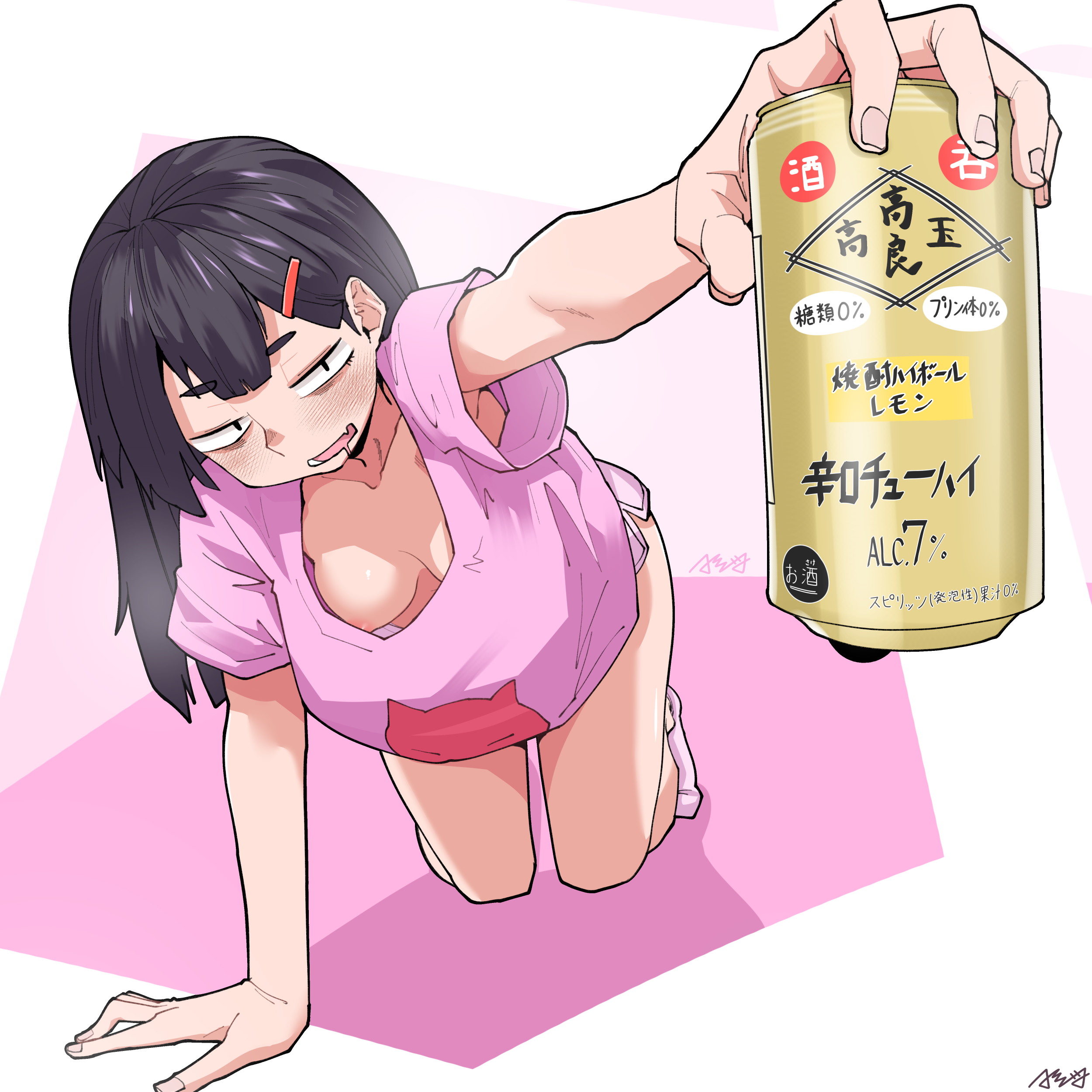 assha (schector), original, absurdres, commentary request, highres, 1girl, all fours, bags under eyes, beer can, black hair, blush, breasts, can, cleavage, drink can, drunk, fingernails, full body, hair ornament, hairclip, holding, holding can, looking at viewer, nipple slip, nipples, no bra, open mouth, pink background, pink shirt, pink shoes, pink shorts, sanpaku, shirt, shoes, shorts, solo, white background