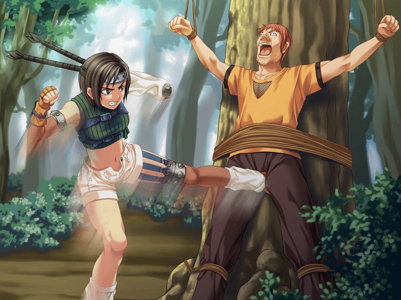 ninja (final fantasy), yuffie kisaragi, final fantasy, final fantasy vii, m.a.f., yuffie the hunting, animated, animated gif, gif artifacts, 1990s (style), 1boy, 1girl, angry, ball busting, bdsm, bondage, bound, cbt, crotch kick, femdom, hetero, kicking, motion blur, ninja, open fly, pain, retro artstyle, short hair, sleeveless, sleeveless turtleneck, torture, training, turtleneck, unzipped