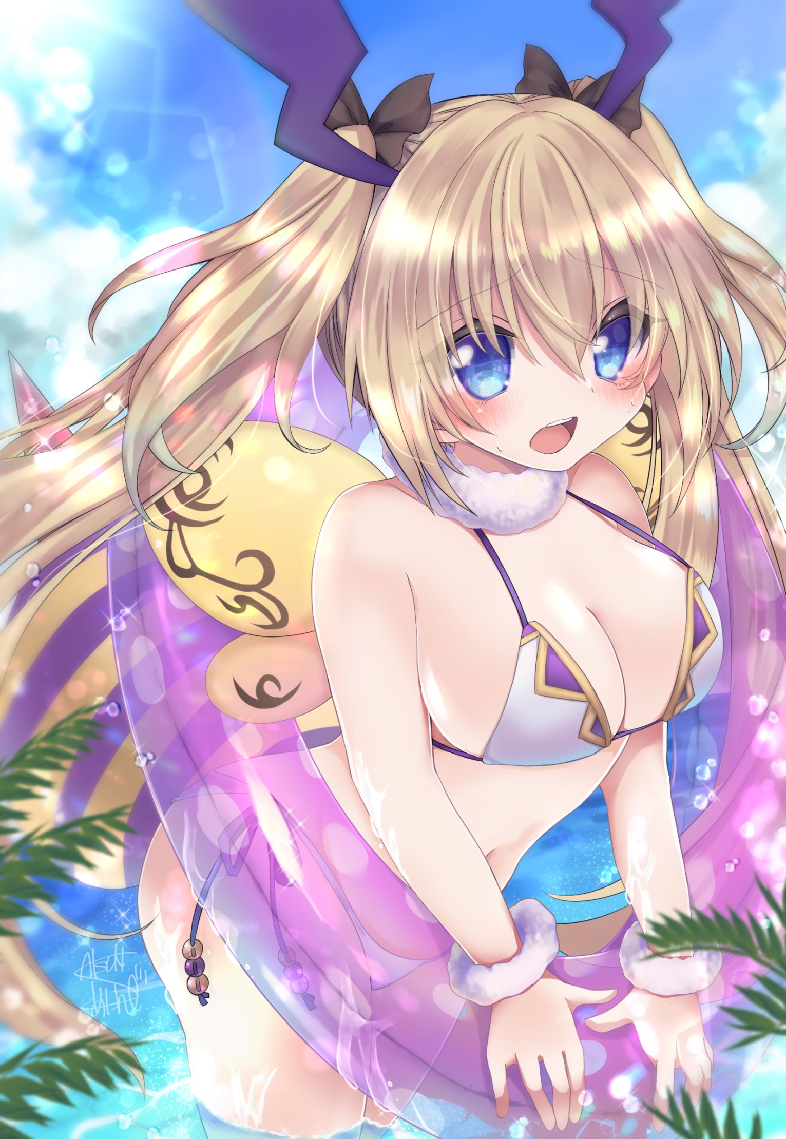satsuki atan, emil chronicle online, highres, antennae, arthropod girl, artist name, bee girl, bee wings, bikini, black bow, blonde hair, blue eyes, blue sky, blush, bow, breasts, cleavage, fur choker, fur wrist cuffs, hair bow, holding, holding swim ring, innertube, insect girl, insect wings, large breasts, navel, ocean, open mouth, queenbee alma, raised inner eyebrows, signature, sky, swim ring, swimsuit, twintails, white bikini, white wrist cuffs, wings, wrist cuffs, yellow wings