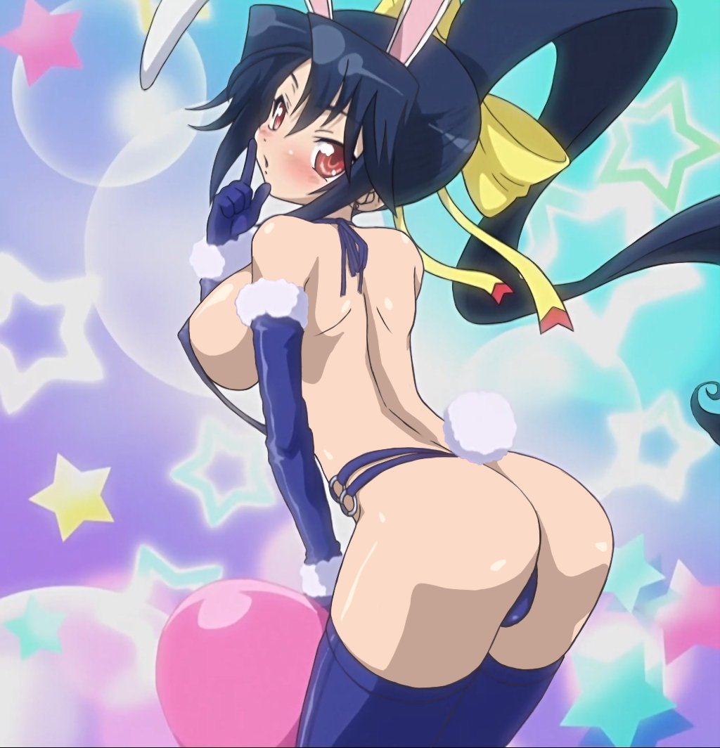magician's academy, anime screenshot, non-web source, third-party edit, 00s, 1girl, animal ears, ass, blue hair, blush, breasts, colorful, covered erect nipples, elbow gloves, female focus, gloves, large breasts, long hair, ponytail, rabbit ears, red eyes, sideboob, slingshot swimsuit, solo, star (symbol), swimsuit, thighhighs, very long hair