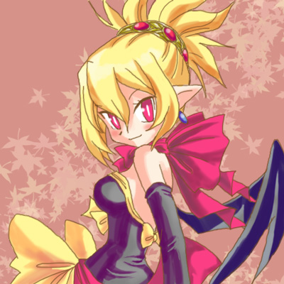 karina, rozalin, disgaea, makai senki disgaea 2, nippon ichi, lowres, 1girl, blonde hair, bow, bright pupils, demon girl, dress, earrings, female focus, jewelry, pink eyes, pointy ears, slit pupils, solo, strapless, strapless dress, wings, yellow bow