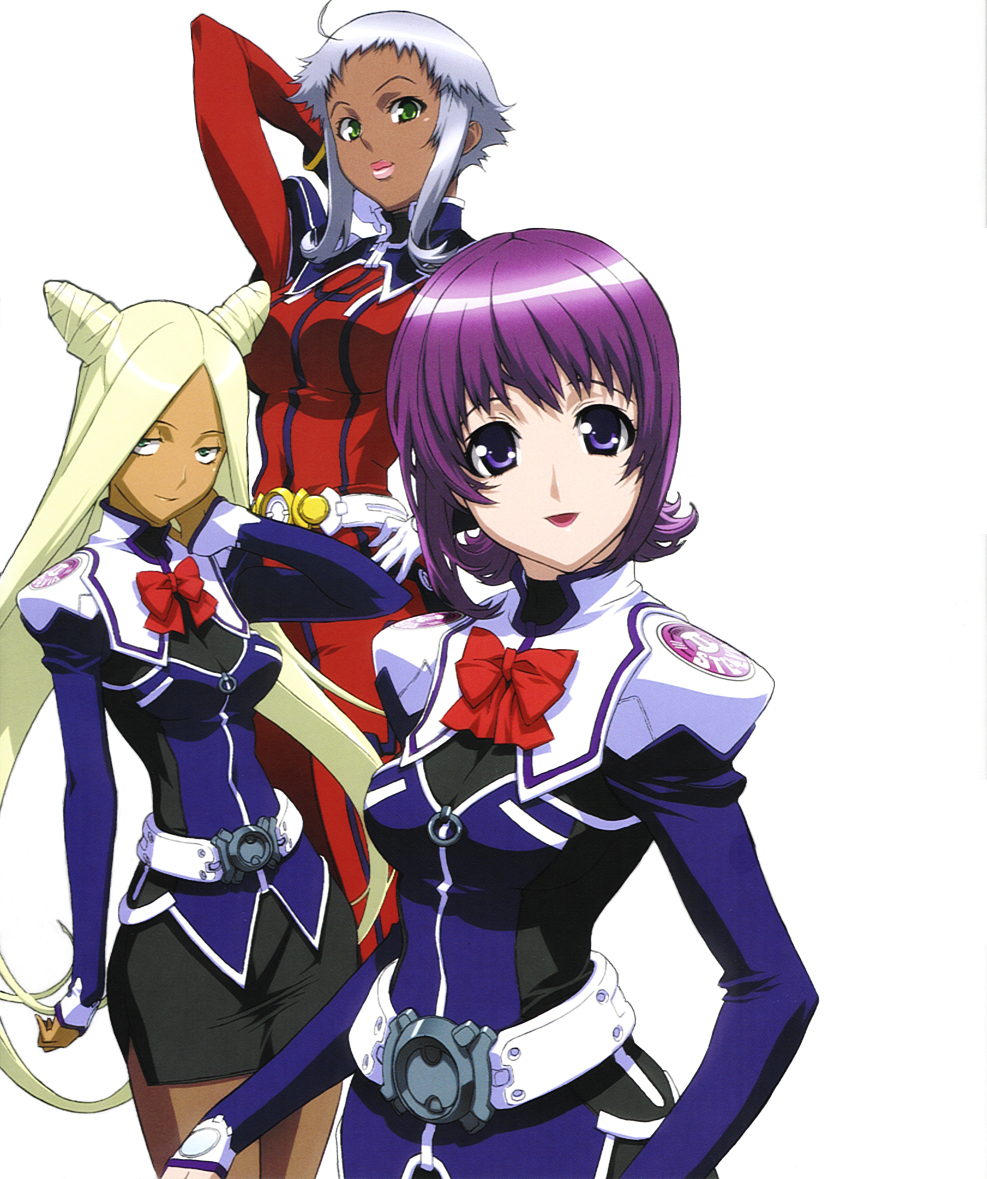 barthes leila, machida ayaka, najima gable, uchuu no stellvia, silver hair, 00s, 3girls, belt, blonde hair, blue eyes, bow, breasts, cone hair bun, green eyes, hair bun, lips, medium breasts, multiple girls, pantyhose, purple hair, short hair, smile