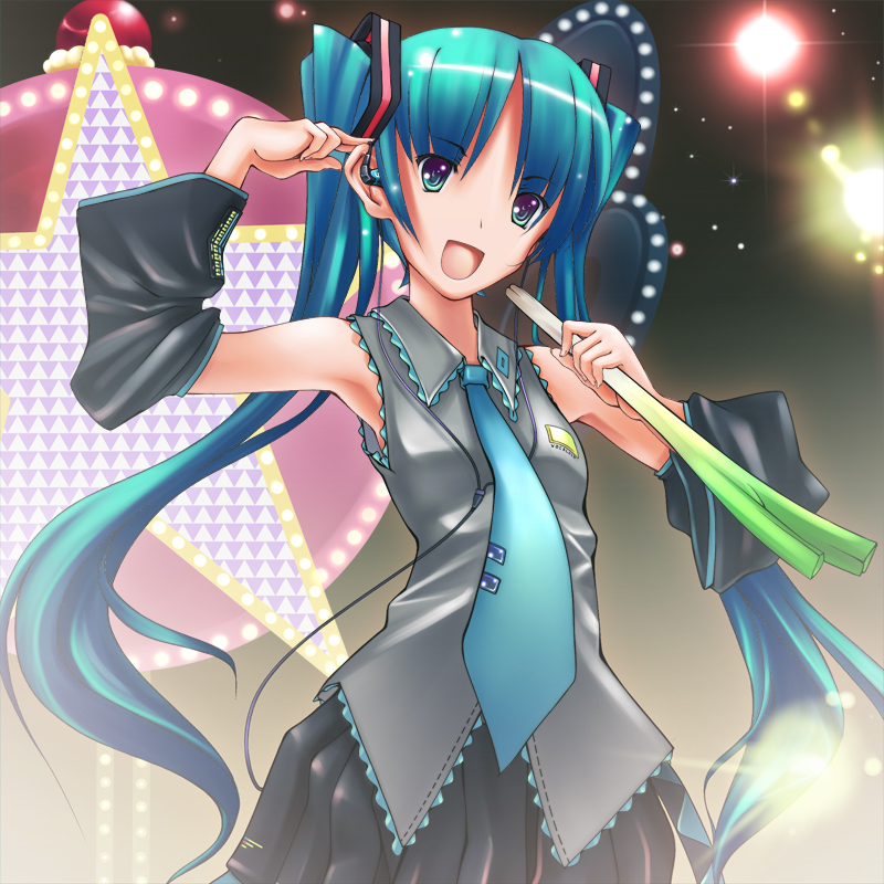 qweasar, hatsune miku, nagi, kannagi, vocaloid, blue hair, cosplay, detached sleeves, hatsune miku (cosplay), long hair, necktie, solo, spring onion, twintails