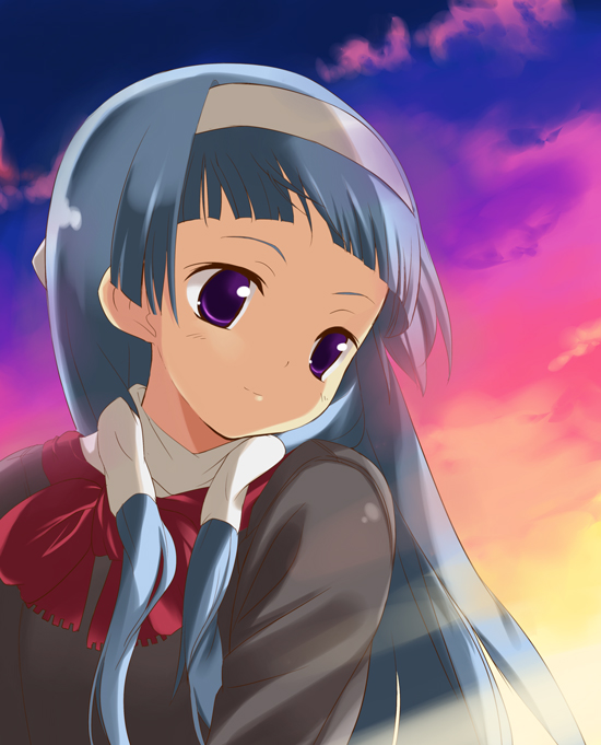 amaa (chou dennou jidai), saratosozyu, nagi, kannagi, bad id, bad pixiv id, 00s, 1girl, blue hair, blunt bangs, female focus, hair tubes, hairband, long hair, purple eyes, scarf, school uniform, serafuku, solo