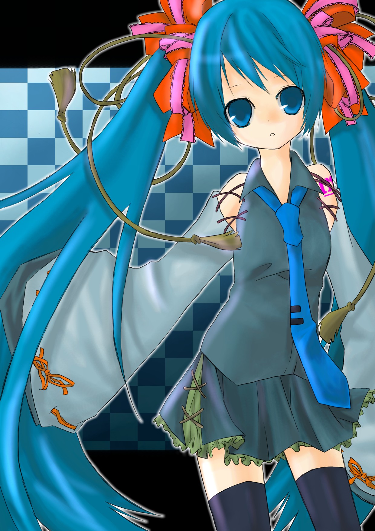 uraha@ningentte touminsurubeki, hatsune miku, vocaloid, bad id, bad pixiv id, highres, blue eyes, blue hair, detached sleeves, hair ribbon, long hair, necktie, ribbon, skirt, solo, thighhighs, twintails, very long hair, zettai ryouiki