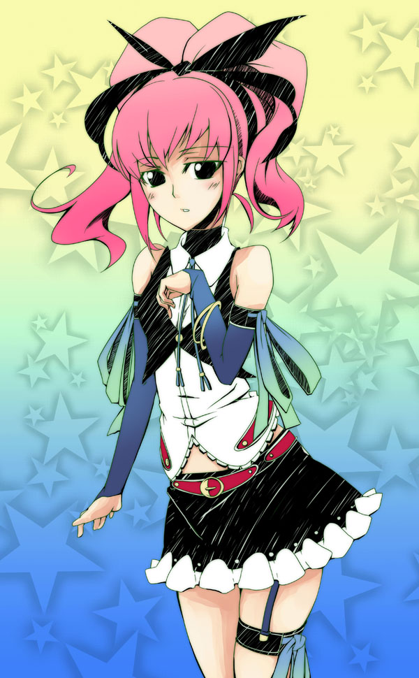 kagato (artist), anya alstreim, code geass, bad id, bad pixiv id, 00s, bow, casual, detached sleeves, garter straps, legs together, pink hair, ribbon, skirt, solo, thigh strap
