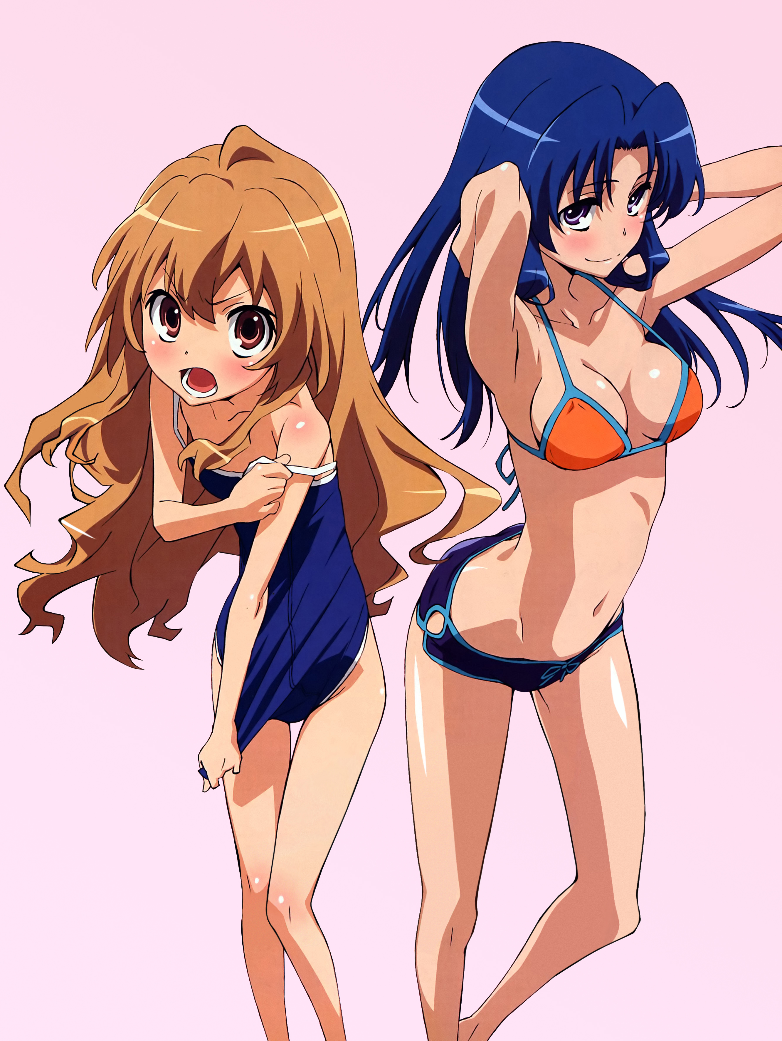 tanaka masayoshi, aisaka taiga, kawashima ami, toradora!, absurdres, highres, official art, scan, 00s, 2girls, :o, angry, armpits, arms behind head, arms up, bikini, blue eyes, blue hair, blush, breasts, brown hair, cleavage, clothes pull, competition school swimsuit, covering privates, embarrassed, flat chest, legs, long hair, medium breasts, midriff, multiple girls, navel, one-piece swimsuit, one-piece swimsuit pull, open mouth, pulling own clothes, purple eyes, red eyes, school swimsuit, sideboob, simple background, small breasts, smile, standing, strap slip, swimsuit, thigh gap, wavy hair