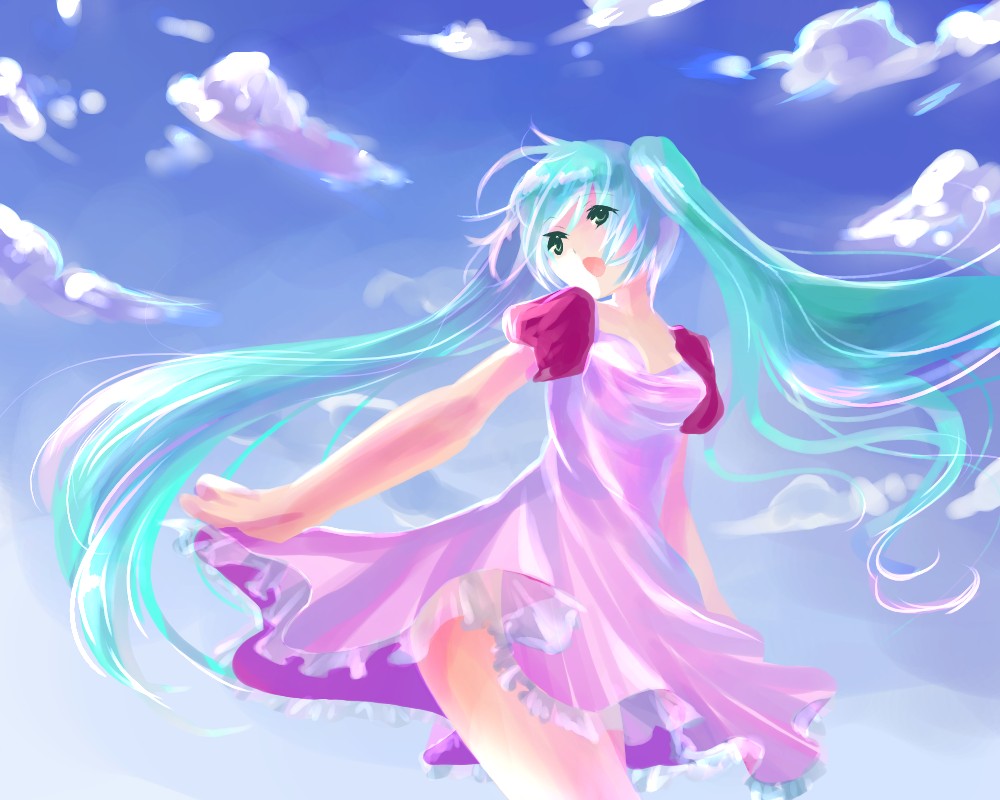kobanzame, hatsune miku, vocaloid, bad id, bad pixiv id, aqua hair, cloud, day, dress, green eyes, long hair, open mouth, sky, solo, twintails