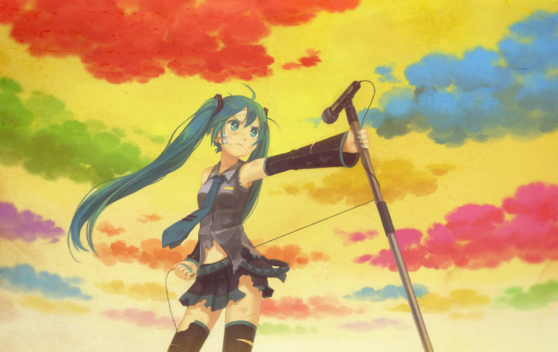 kb, kirobaito, hatsune miku, vocaloid, 1girl, bandage on face, bandages, cloud, colorful, detached sleeves, female focus, green eyes, green hair, long hair, matching hair/eyes, microphone, microphone stand, necktie, sky, solo, thighhighs, torn clothes, twintails, zettai ryouiki
