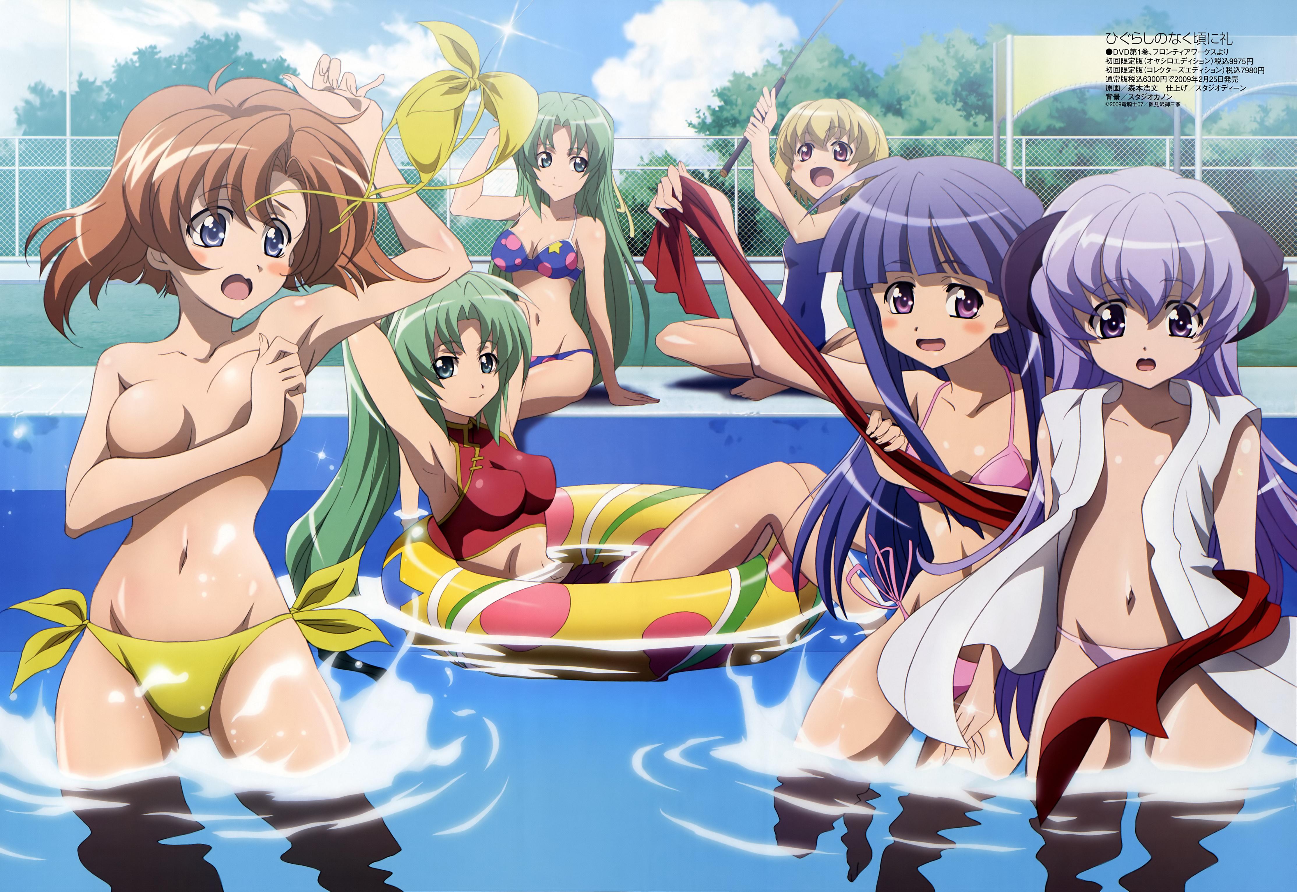 morimoto hirofumi, furude rika, hanyuu, houjou satoko, ryuuguu rena, sonozaki mion, sonozaki shion, higurashi no naku koro ni, megami magazine, breast hold, absurdres, highres, non-web source, official art, scan, 00s, 6+girls, afloat, armpits, arms behind head, barefoot, bikini, blonde hair, blue eyes, blue hair, blush, breasts, brown hair, cloud, collarbone, covering breasts, covering privates, day, feet, fence, fishing rod, flat chest, green eyes, green hair, hip focus, horns, innertube, long hair, multiple girls, navel, one-piece swimsuit, open clothes, open mouth, open shirt, orange hair, outdoors, pink eyes, pool, poolside, purple eyes, purple hair, ribbon, shirt, short hair, siblings, side-tie bikini bottom, sisters, sitting, sky, smile, soaking feet, splashing, surprised, swim ring, swimsuit, tankini, topless female, tree, turtleneck, twins, undressing, very long hair, wading, water