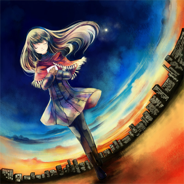 kaedena akino, miyabi akino, original, bad id, bad pixiv id, 1girl, brown hair, capelet, cityscape, closed eyes, female focus, fisheye, letter, long hair, pantyhose, sky, solo, star (sky), star (symbol), starry sky, sunset