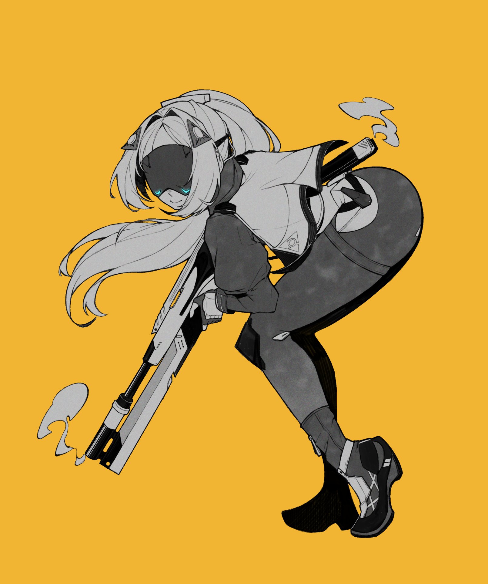 frze18, trigger (zenless zone zero), zenless zone zero, commentary, english commentary, highres, 1girl, ass, black gloves, black pants, blindfold mask, fingerless gloves, gloves, greyscale with colored background, gun, hair intakes, hair ornament, holding, holding weapon, hunched over, juliet sleeves, knee pads, leggings, long hair, long sleeves, pants, ponytail, puffy sleeves, rifle, shoes, smoke, smoking barrel, solo, triangle hair ornament, weapon, yellow background