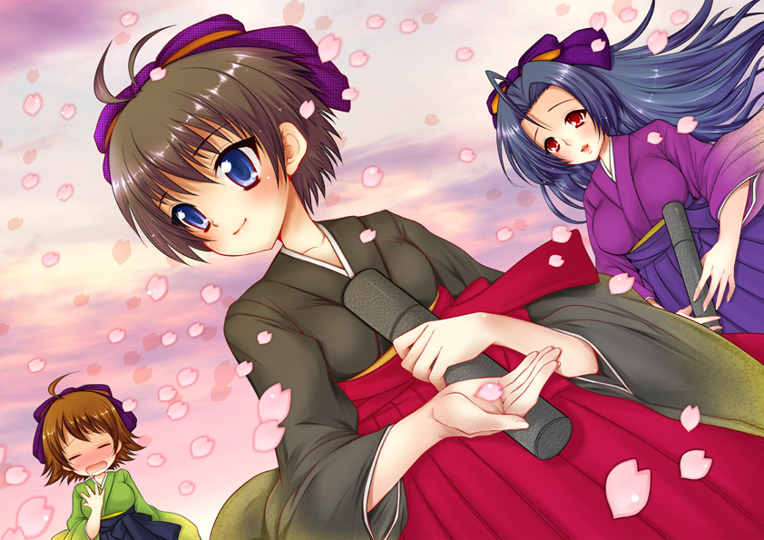 koari, awakened miki, hoshii miki, kikuchi makoto, miura azusa, idolmaster, idolmaster (classic), idolmaster 1, bad id, bad pixiv id, 00s, 3girls, ahoge, antenna hair, blue hair, brown hair, cherry blossoms, dutch angle, hakama, hakama skirt, japanese clothes, long hair, multiple girls, petals, red hakama, short hair, skirt, yawning