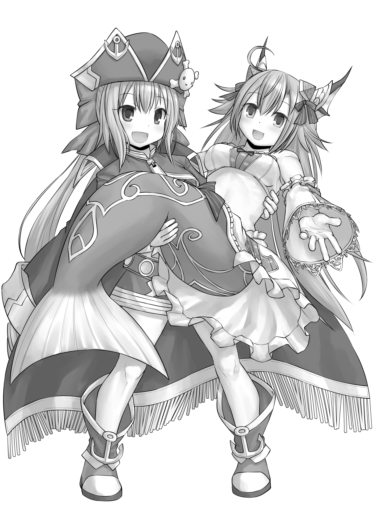 kasuga yukihito, lorelei lore, emil chronicle online, highres, 2girls, boots, captain kid lore, carrying, detached sleeves, fins, frilled skirt, frilled sleeves, frills, hair ribbon, hat, head fins, jacket, jacket on shoulders, long hair, mermaid, monochrome, monster girl, multiple girls, open mouth, pirate hat, ponytail, princess carry, ribbon, skirt, strapless, tube top