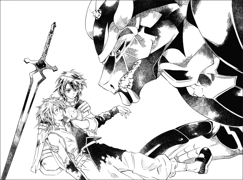 kame tora, layna, layna (soul cradle), raksha (soul cradle), revya (male), nippon ichi, soul cradle, bad id, bad pixiv id, 1boy, 1girl, dragon, greyscale, injury, monochrome, monster, sword, weapon