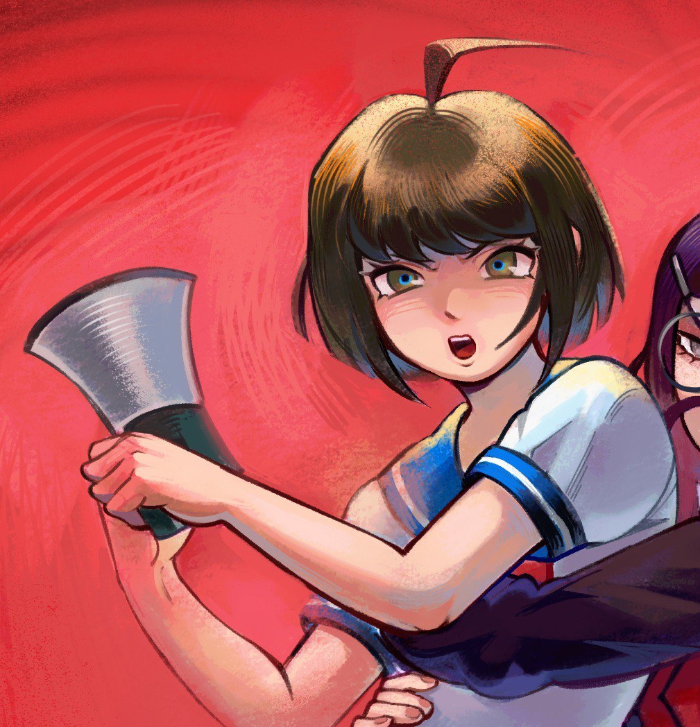 fukawa toko, naegi komaru, danganronpa (series), danganronpa another episode: ultra despair girls, commentary, english commentary, 2girls, ahoge, blue sailor collar, collared shirt, eyelashes, glasses, green eyes, green hair, holding, holding megaphone, hug, hug from behind, kpiva, long sleeves, megaphone, multiple girls, purple hair, red background, round eyewear, sailor collar, shirt, short hair, short sleeves, solo focus, upper body, white shirt