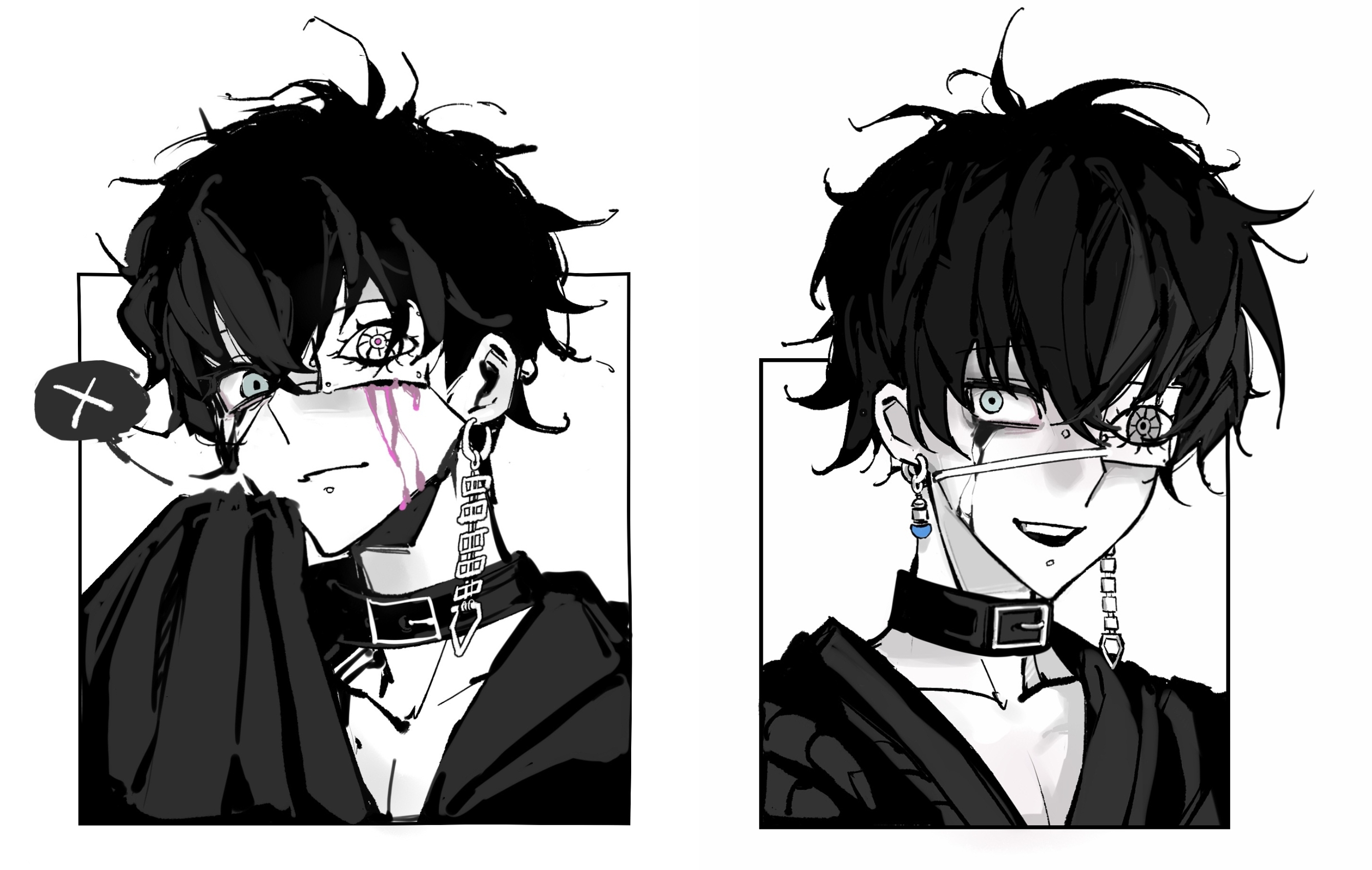 omokage yugamu, the hundred line -last defense academy-, artist request, commission, highres, second-party source, 1boy, :d, alternate hair color, belt collar, black hair, blood, blue eyes, bridge piercing, choker, collar, crossed bangs, earrings, eyepatch, face piercing, hair between eyes, jewelry, lip piercing, looking at viewer, makeup, male focus, open mouth, pectoral cleavage, pectorals, piercing, pink blood, print eyepatch, runny makeup, sleeves past wrists, smile