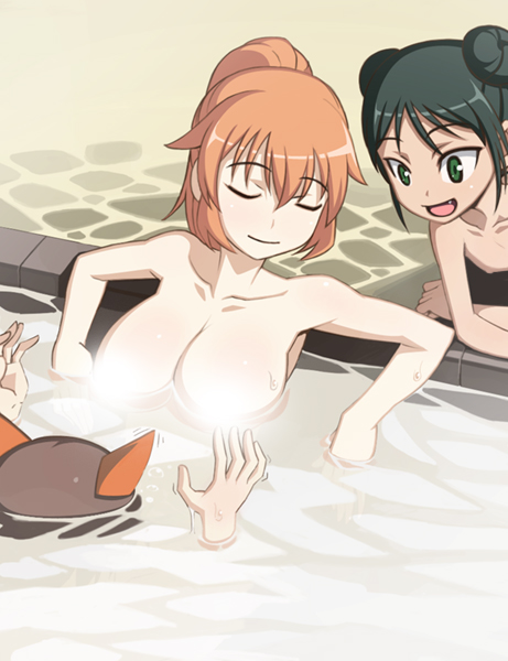 charlotte e. yeager, francesca lucchini, miyafuji yoshika, strike witches, world witches series, 00s, 3girls, animal ears, bath, breasts, medium breasts, multiple girls, orange hair, topless female