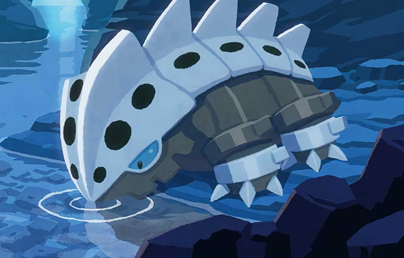 hyogonosuke, lairon, nintendo, pokemon, pokemon tcg, commentary, official art, third-party source, animal focus, claws, drinking, full body, gen 3 pokemon, no humans, pokemon (creature), pokemon focus, ripples, solo, water
