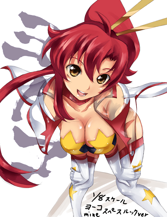 imazon, space yoko, yoko littner, tengen toppa gurren lagann, 00s, 1girl, breasts, cleavage, female focus, gloves, long hair, medium breasts, ponytail, red hair, solo, thighhighs, yellow eyes