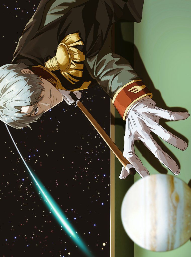 zerozany, challia bull, gundam, gundam gquuuuuux, 1boy, ball, billiard ball, billiards, comet, cue stick, epaulettes, facial hair, gloves, grey eyes, grey hair, hair over one eye, holding cue stick, jacket, jupiter (planet), long sleeves, looking at viewer, male focus, military jacket, military uniform, mustache, short hair, sideways, solo, space, star (sky), table