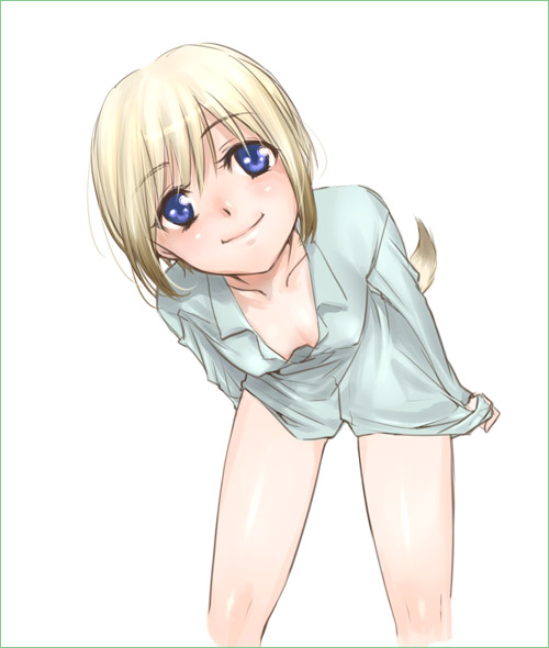 kanda aya, erica hartmann, strike witches, world witches series, 00s, 1girl, blonde hair, blue eyes, bottomless, dress shirt, female focus, shirt, short hair, solo, tail
