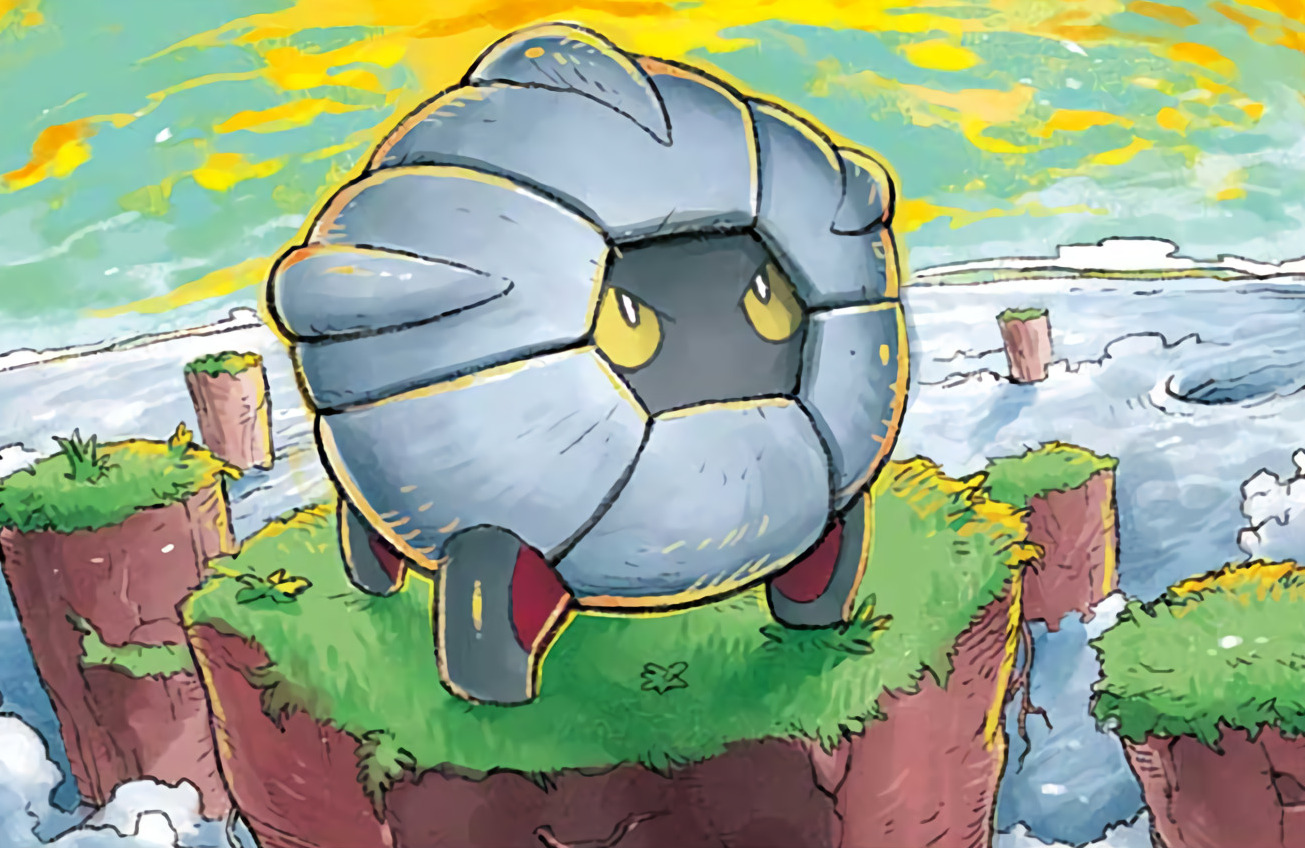 koizumi tetsuya, shelgon, nintendo, pokemon, pokemon tcg, commentary, official art, third-party source, full body, gen 3 pokemon, grass, no humans, outdoors, pokemon (creature), pokemon focus, sky, solo