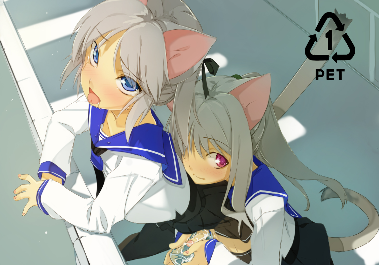 maruku, original, silver hair, 1boy, 1girl, ahegao, androgynous, animal ears, artificial vagina, black thighhighs, blue eyes, blush, bottle, bow, cat ears, cat tail, crossdressing, cum, cum in container, ejaculation, erection, foreskin, hair bow, hair over one eye, hetero, loli, long hair, looking at viewer, open mouth, penis, penis milking, pleated skirt, purple eyes, saliva, school uniform, serafuku, sex toy, shota, skirt, small penis, tail, tears, thighhighs, tongue, trap, tsurime, water bottle