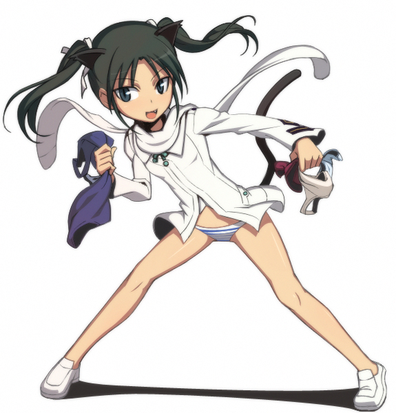 caryo, nanashino, francesca lucchini, strike witches, world witches series, 00s, 1girl, animal ears, blue panties, cat ears, cat tail, clothes theft, fang, female focus, green eyes, green hair, hair ribbon, holding, holding panties, holding swimsuit, holding underwear, holding unworn clothes, loli, matching hair/eyes, one-piece swimsuit, open mouth, panties, red panties, ribbon, school swimsuit, solo, striped clothes, striped panties, swimsuit, swimsuit theft, tail, theft, twintails, underwear, underwear theft, unworn panties, unworn swimsuit, white panties