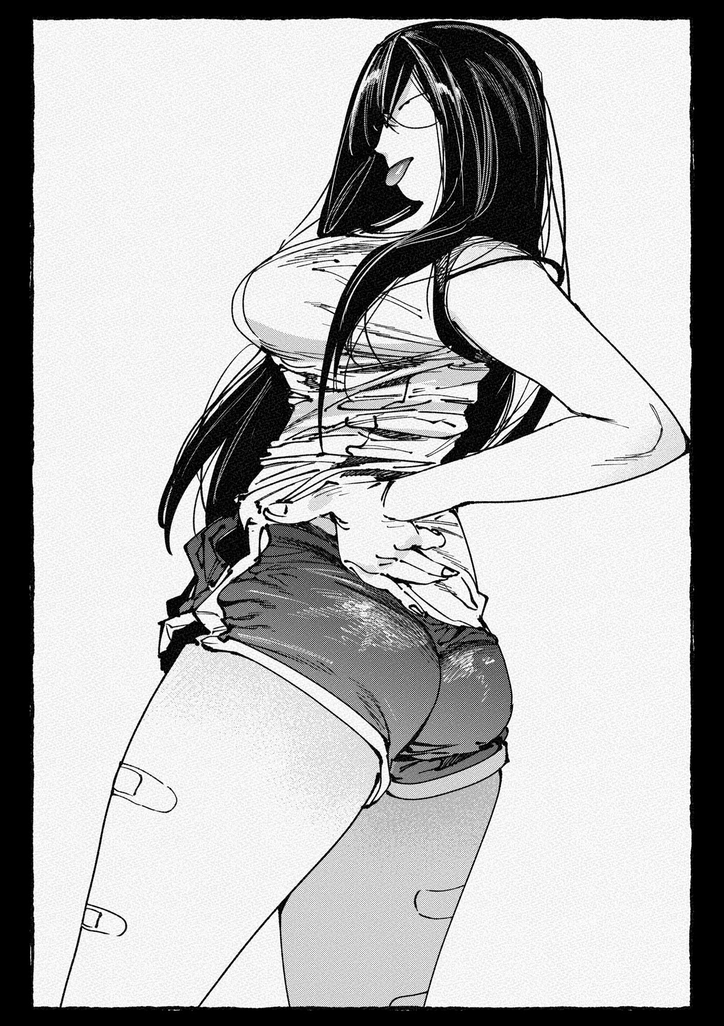 hachinuki tetsuyo, she (hachinuki tetsuyo), tagme, 1girl, ass, monochrome, shorts, tongue