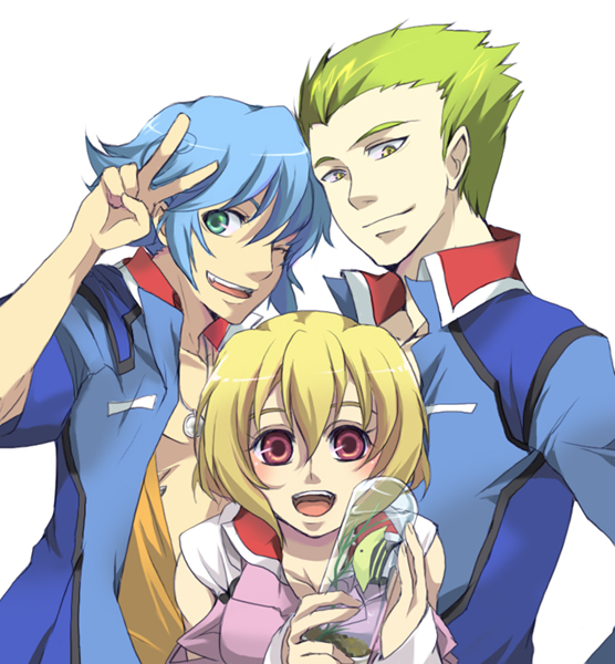 mechi, auel neider, stellar loussier, sting oakley, gundam, gundam seed, gundam seed destiny, 00s, 1girl, 2boys, blonde hair, blue hair, breasts, cleavage, fish, green eyes, green hair, jewelry, multiple boys, necklace, one eye closed, open clothes, open shirt, purple eyes, shirt, short hair, v, wink