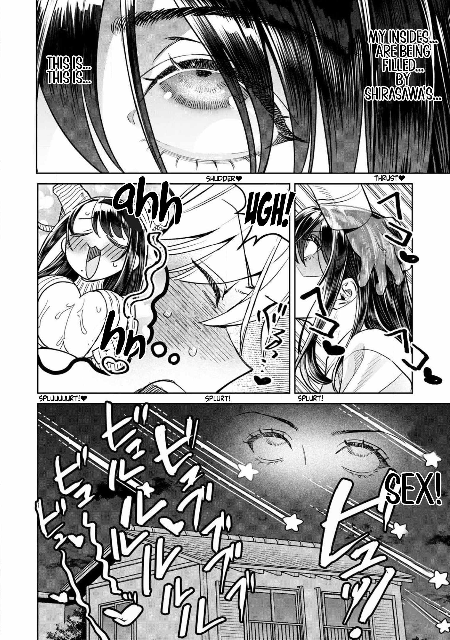 uma raclette, shirasawa akito, hajirau kimi ga mitainda, character request, highres, official art, translated, 1boy, 1girl, blush, breasts, cleavage cutout, closed mouth, clothing cutout, demon girl, demon horns, dreaming, english text, fellatio, hand on another's head, horns, large breasts, long sleeves, mole, mole under mouth, monochrome, open mouth, oral, short hair, speech bubble, sweat, sweatdrop