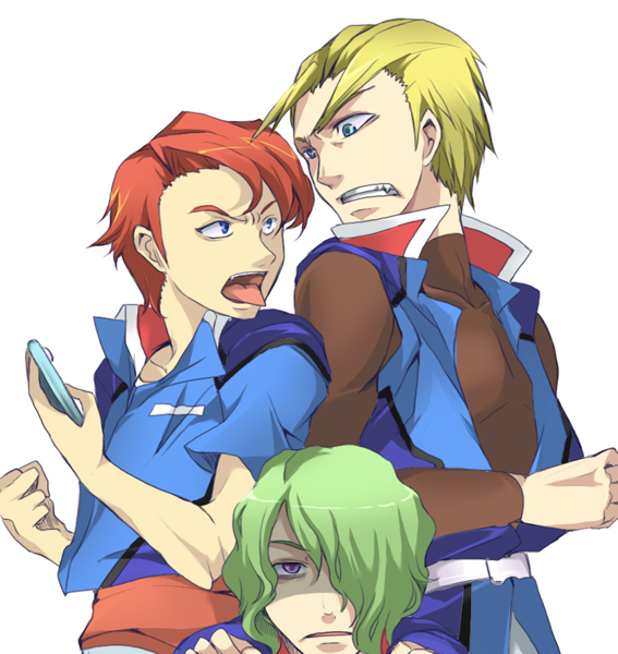 mechi, clotho buer, orga sabnak, shani andras, gundam, gundam seed, 00s, 3boys, blonde hair, blue eyes, green hair, hair over one eye, male focus, military, military uniform, multiple boys, purple eyes, red hair, short hair, tongue