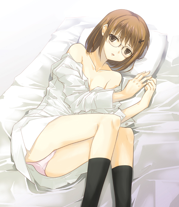 dasoku sentarou, original, 1girl, bare shoulders, bed, brown eyes, brown hair, dress shirt, female focus, glasses, lying, no pants, off shoulder, on side, panties, pink panties, shirt, short hair, solo, underwear