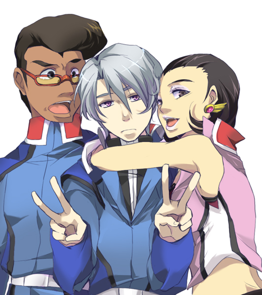 mechi, mudie holcroft, shams couza, sven cal bayan, gundam, gundam seed, gundam seed c.e. 73: stargazer, silver hair, 00s, 1girl, 2boys, black hair, brown hair, dark skin, earrings, eyeshadow, hug, jewelry, lipstick, makeup, military, military uniform, multiple boys, purple eyes, short hair, sunglasses, v