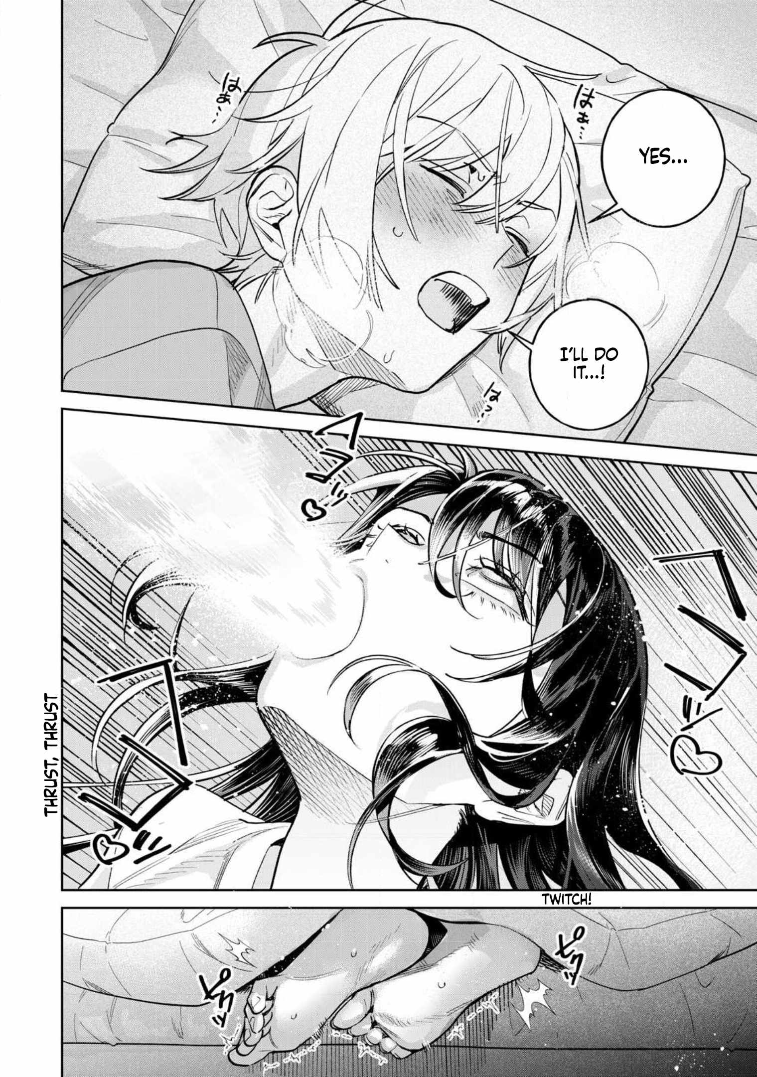 uma raclette, shirasawa akito, hajirau kimi ga mitainda, character request, highres, official art, translated, censored, closed eyes, english text, feet, fellatio, fingernails, long fingernails, long hair, lying, monochrome, on back, on side, open mouth, oral, penis, pillow, short hair, sleep molestation, sleep talking, speech bubble, sweat, sweatdrop, teeth, toes, upper teeth only