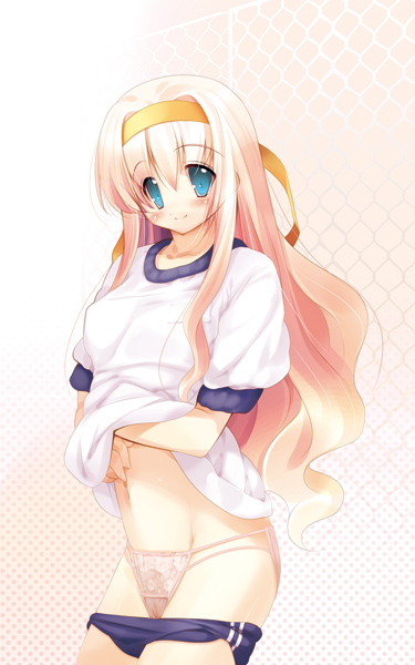 hanpen, puus, original, blue eyes, buruma, buruma pull, clothes pull, gym uniform, hairband, long hair, panties, pink hair, pink panties, solo, underwear