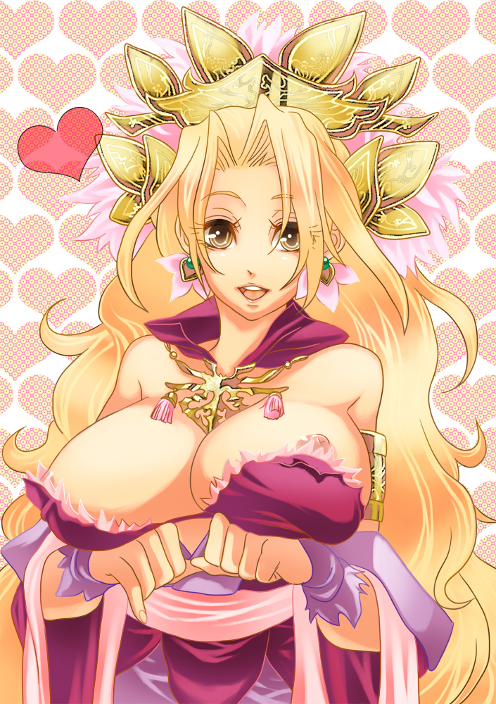 hyakkimaru, hyakkimaru (100mani), kankougou, sangokushi taisen, breast hold, bad id, bad pixiv id, 1girl, areola slip, blonde hair, breast lift, breasts, earrings, female focus, heart, jewelry, large breasts, long hair, nipple slip, nipples, solo, yellow eyes