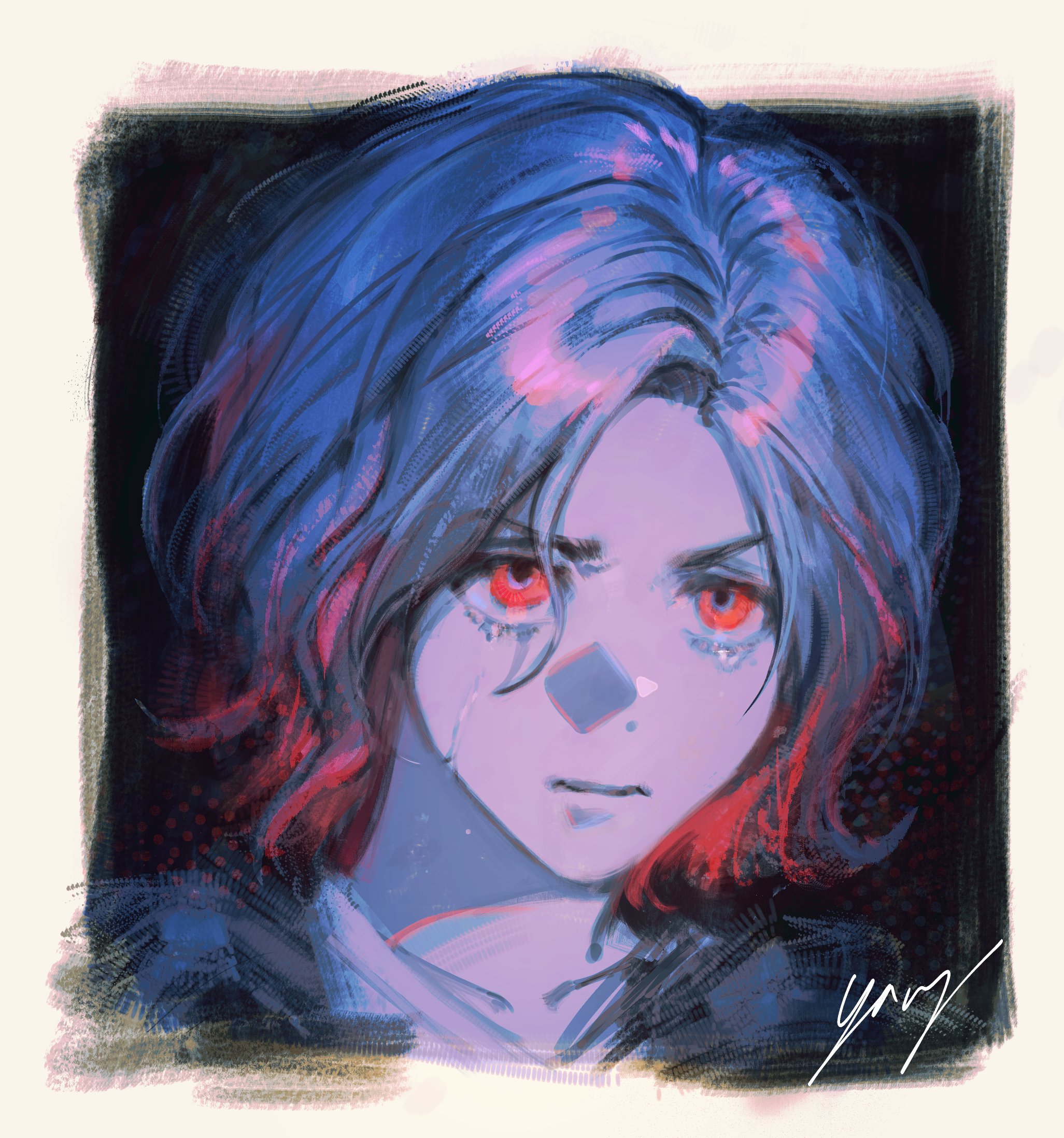 su2urann, shuji ito, gundam, gundam gquuuuuux, highres, 1boy, black background, blue hair, colored inner hair, crying, frown, looking at viewer, male focus, multicolored hair, portrait, red eyes, red hair, short hair, solo, two-tone hair