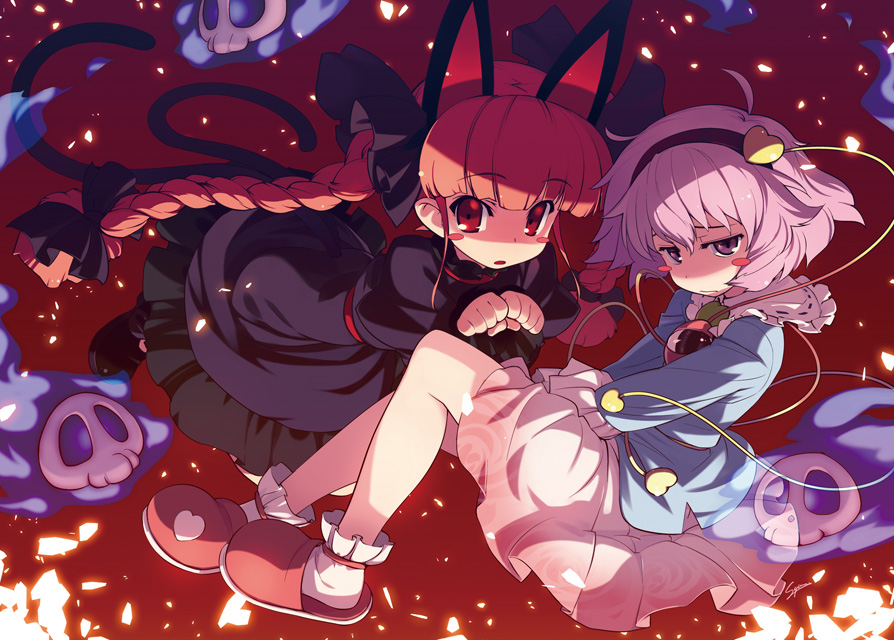 sumaki shungo, kaenbyou rin, komeiji satori, touhou, duplicate, 2girls, animal ears, braid, cat ears, cat girl, cat tail, female focus, full body, gradient background, hairband, heart, long hair, multiple girls, multiple tails, pink hair, purple eyes, red eyes, red hair, short hair, skull, tail, twin braids, twintails