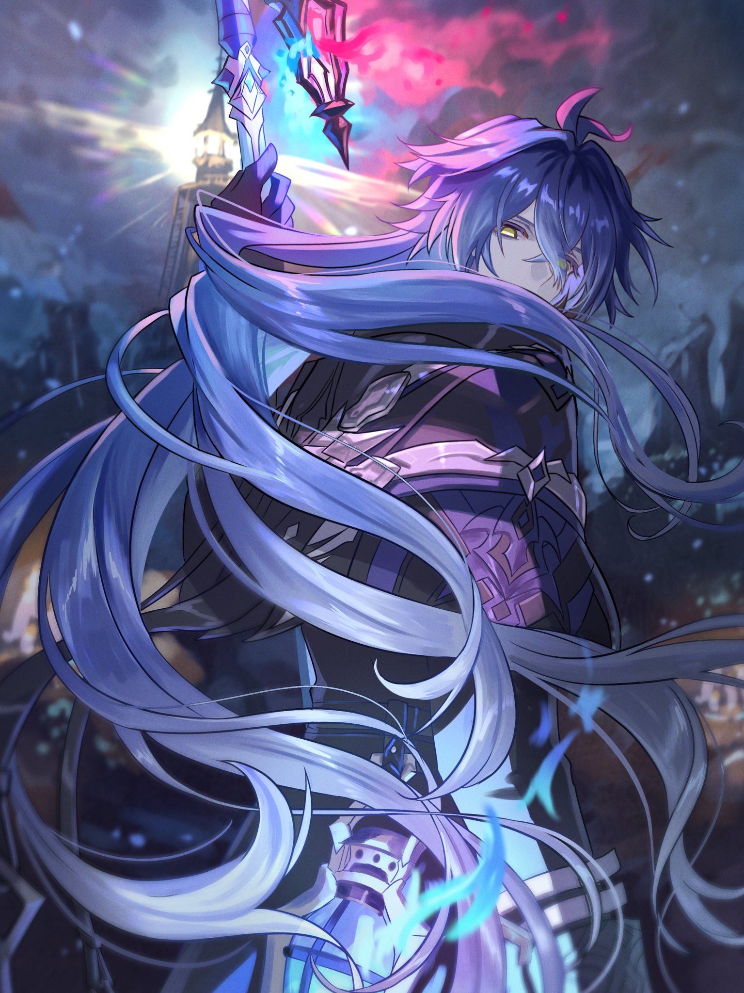 tanemaki monaka, flins (genshin impact), genshin impact, highres, 1boy, antenna hair, blue hair, collared coat, gradient hair, hair between eyes, holding, holding lantern, lantern, long hair, male focus, multicolored hair, solo, white hair, yellow eyes