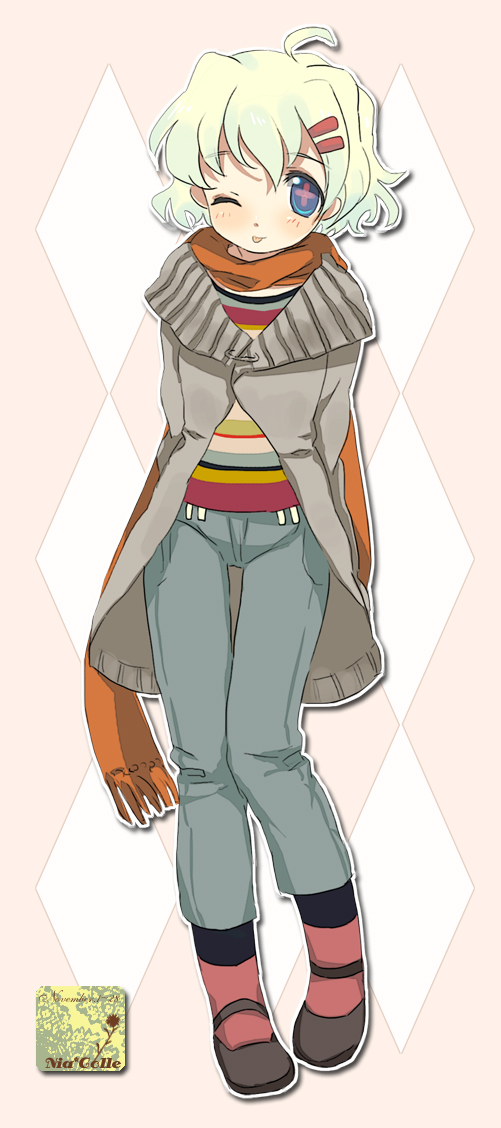 dadami, nia teppelin, tengen toppa gurren lagann, bad id, bad pixiv id, 00s, 1girl, ;p, casual, denim, fashion, female focus, hair ornament, hairclip, jeans, nia colle, one eye closed, pants, scarf, solo, tongue, tongue out, wink