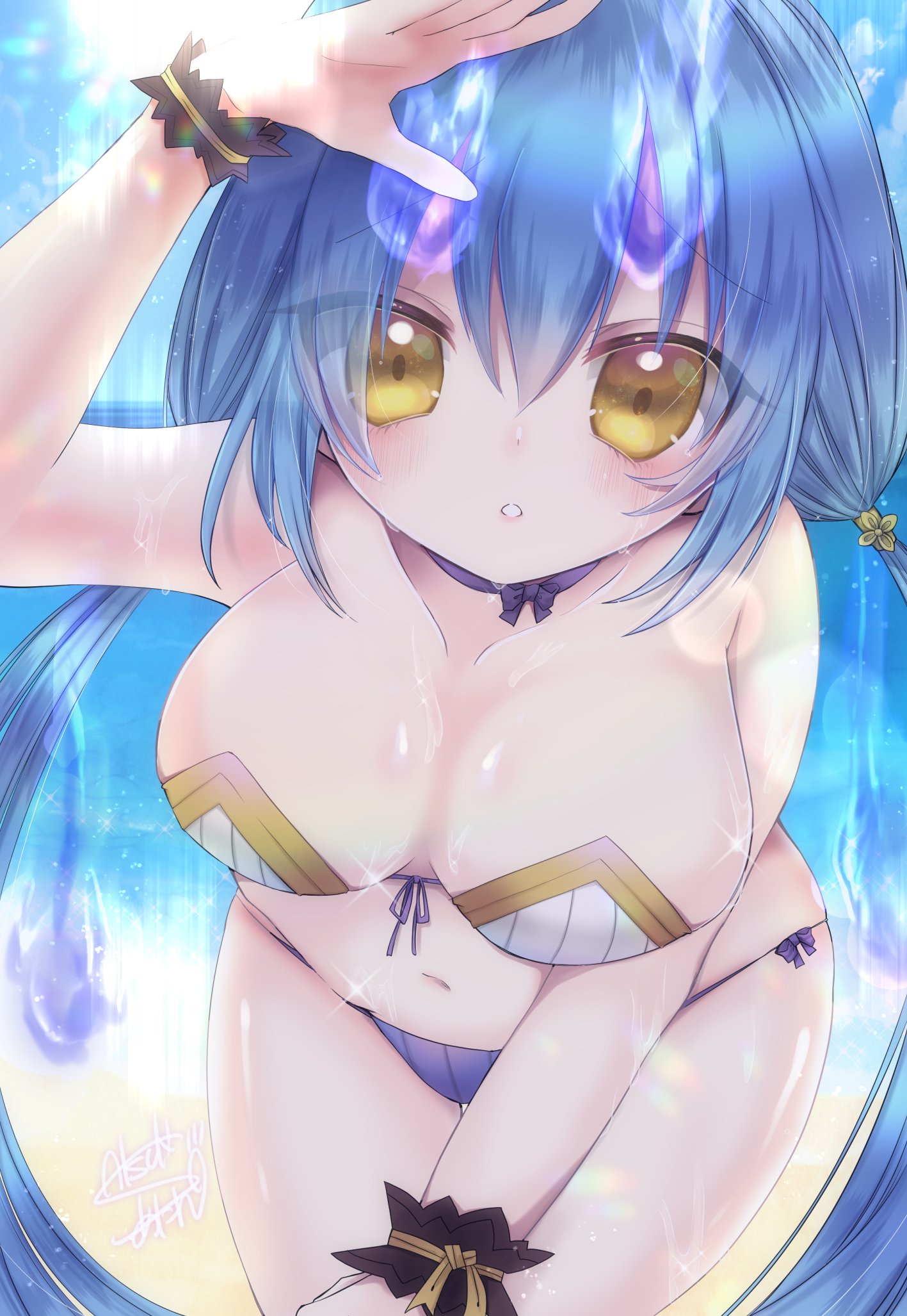 satsuki atan, emil chronicle online, highres, 1girl, artist name, beach, bikini, black wrist cuffs, blue fire, blue hair, blue panties, bow flower, breasts, choker, cleavage, fire, fireball, large breasts, looking at viewer, low twintails, navel, ocean, panties, purple choker, signature, solo, swimsuit, twintails, underwear, white bikini, wisp alma, wrist cuffs, yellow eyes
