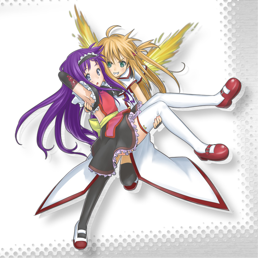 waha (artist), arisa bunnings, burning arisa, tsukimura suzuka, lyrical nanoha, mahou shoujo lyrical nanoha, shakugan no shana, bad id, bad pixiv id, carrying, parody, princess carry, thighhighs, wings