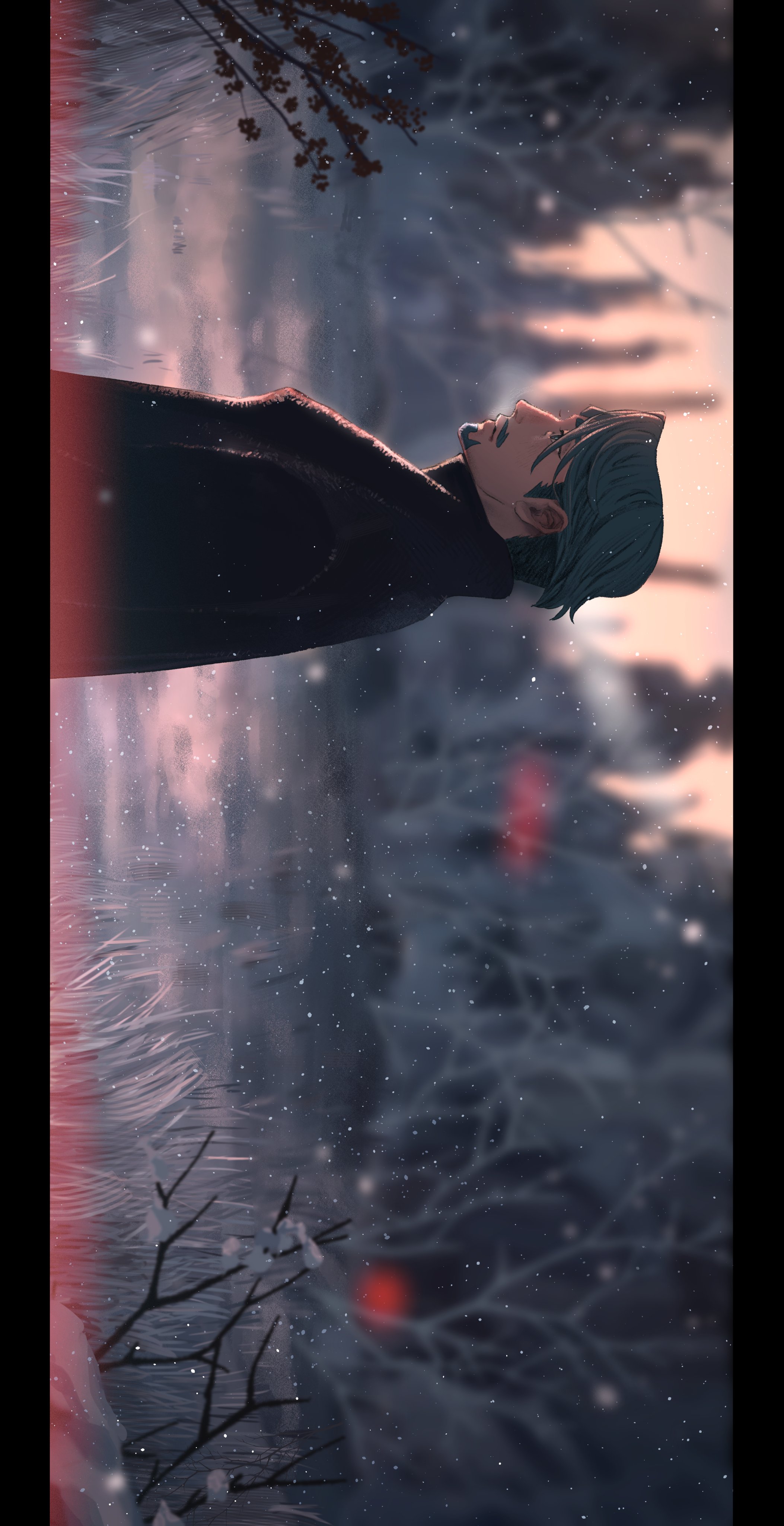 hayakuinnitte, challia bull, gundam, gundam gquuuuuux, absurdres, highres, 1boy, beard, black coat, branch, coat, day, facial hair, grass, green eyes, green hair, male focus, mustache, outdoors, profile, short hair, sideways, snowing, solo, tree, winter, winter clothes