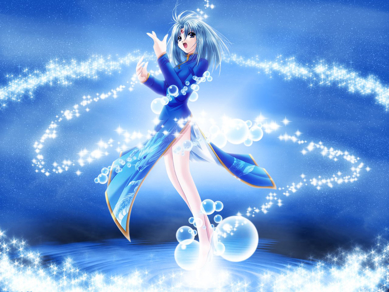 seiryuu, seiryuu (izumo), izumo, 1girl, blue dress, blue eyes, blue hair, bubble, china dress, chinese clothes, dress, female focus, magic, matching hair/eyes, side slit, solo, water