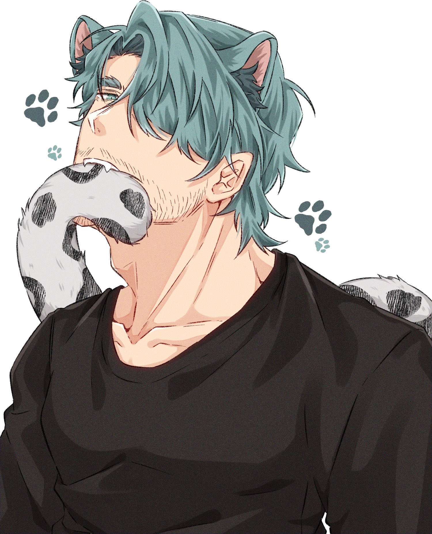 challia bull, gundam, gundam gquuuuuux, highres, 1boy, beard stubble, biting own tail, black shirt, facial hair, fangs, green eyes, green hair, hair over one eye, hara heri 64, kemonomimi mode, male focus, paw print, shirt, short hair, snow leopard boy, snow leopard ears, snow leopard tail, solo, stubble, tail, upper body, white background