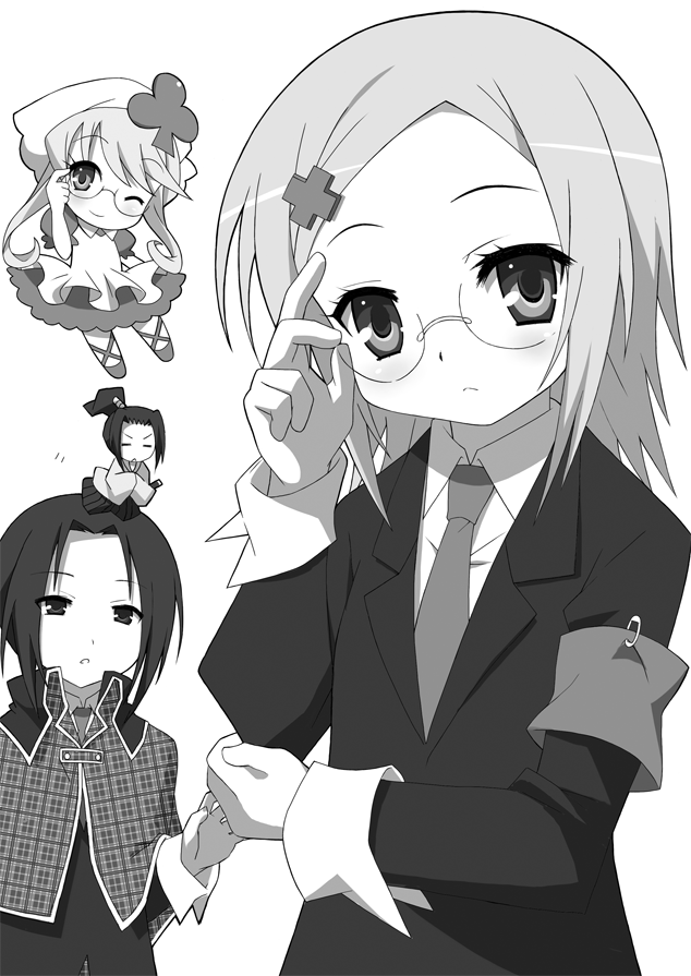 9law, hinamori amu, musashi (shugo chara!), sanjou kairi, suu (shugo chara!), shugo chara!, bad id, bad pixiv id, 2boys, 2girls, cross hair ornament, glasses, greyscale, hair ornament, monochrome, multiple boys, multiple girls