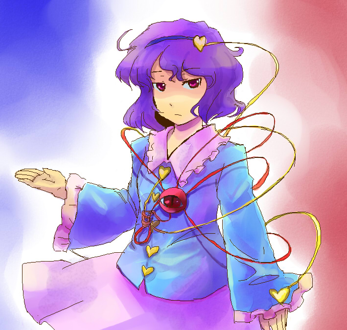 rotan, komeiji satori, touhou, 1girl, cowboy shot, expressionless, female focus, hairband, jitome, long sleeves, looking at viewer, purple hair, red eyes, shoes, solo, string, third eye, upper body
